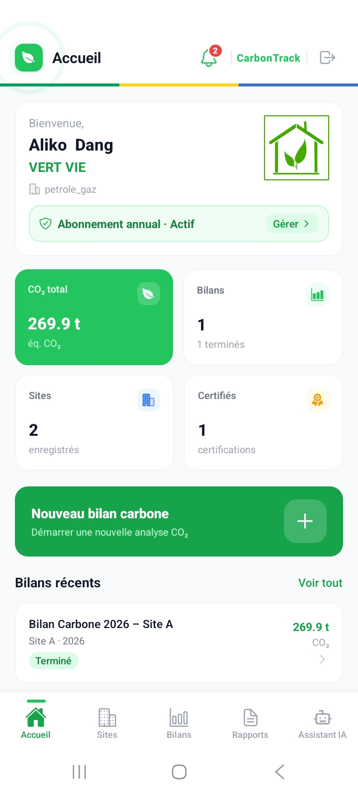 Tableau de bord CarbonTrack