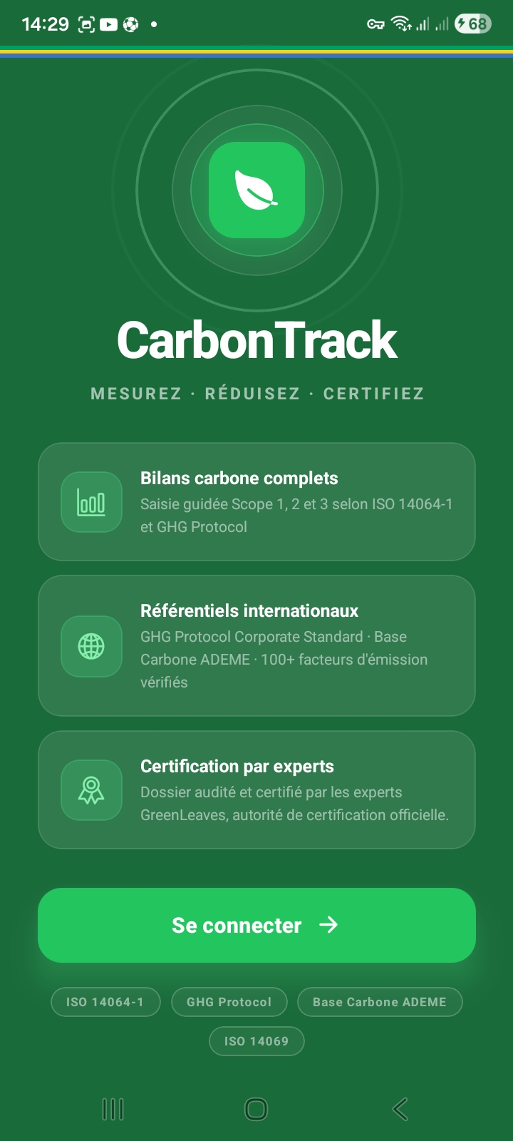Écran d'accueil CarbonTrack