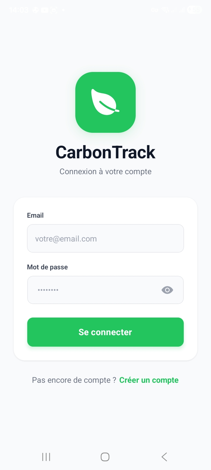 Écran de connexion CarbonTrack